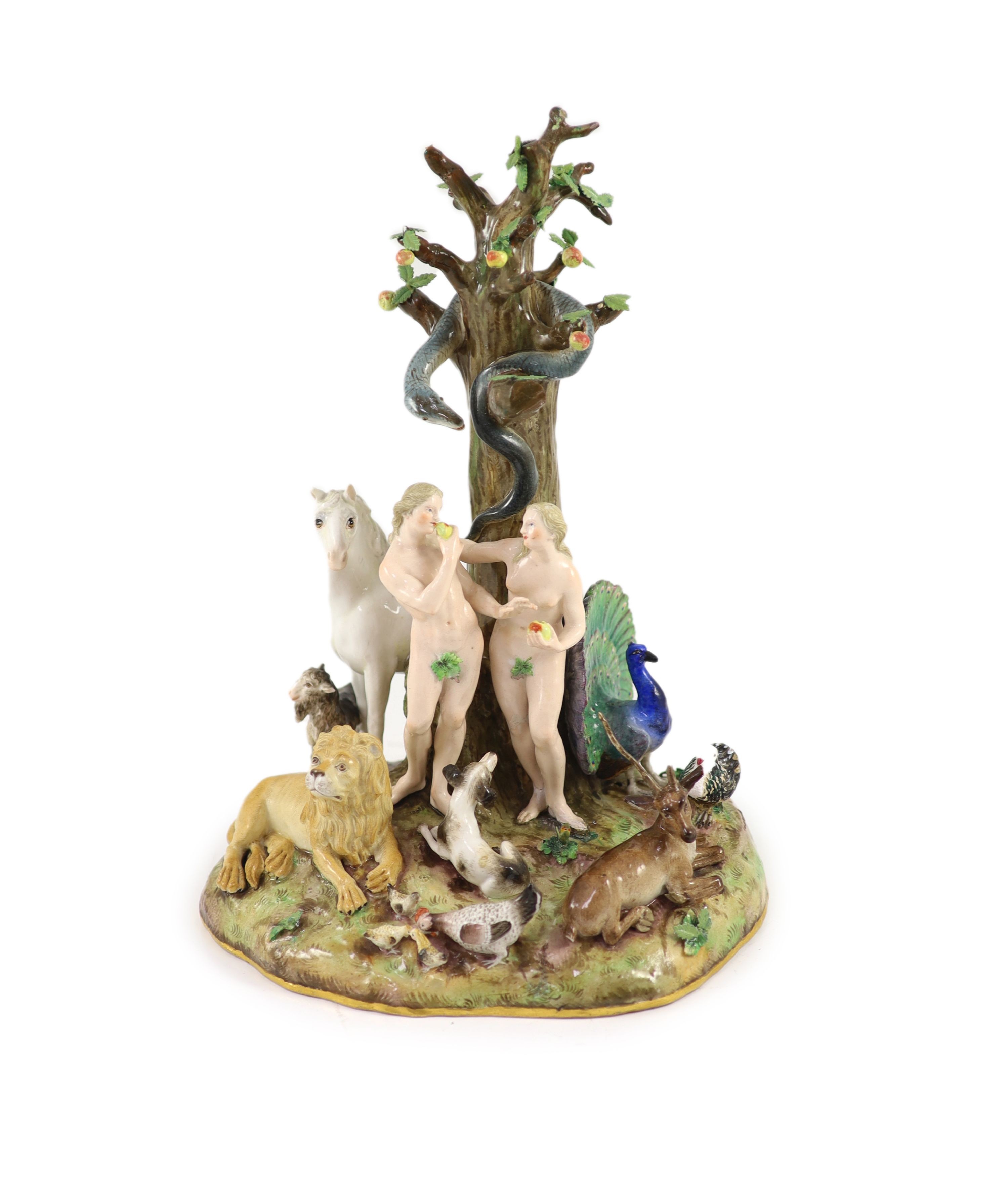 A Meissen figural group of the Garden of Eden, 19th century, 32 cm high, losses and restoration